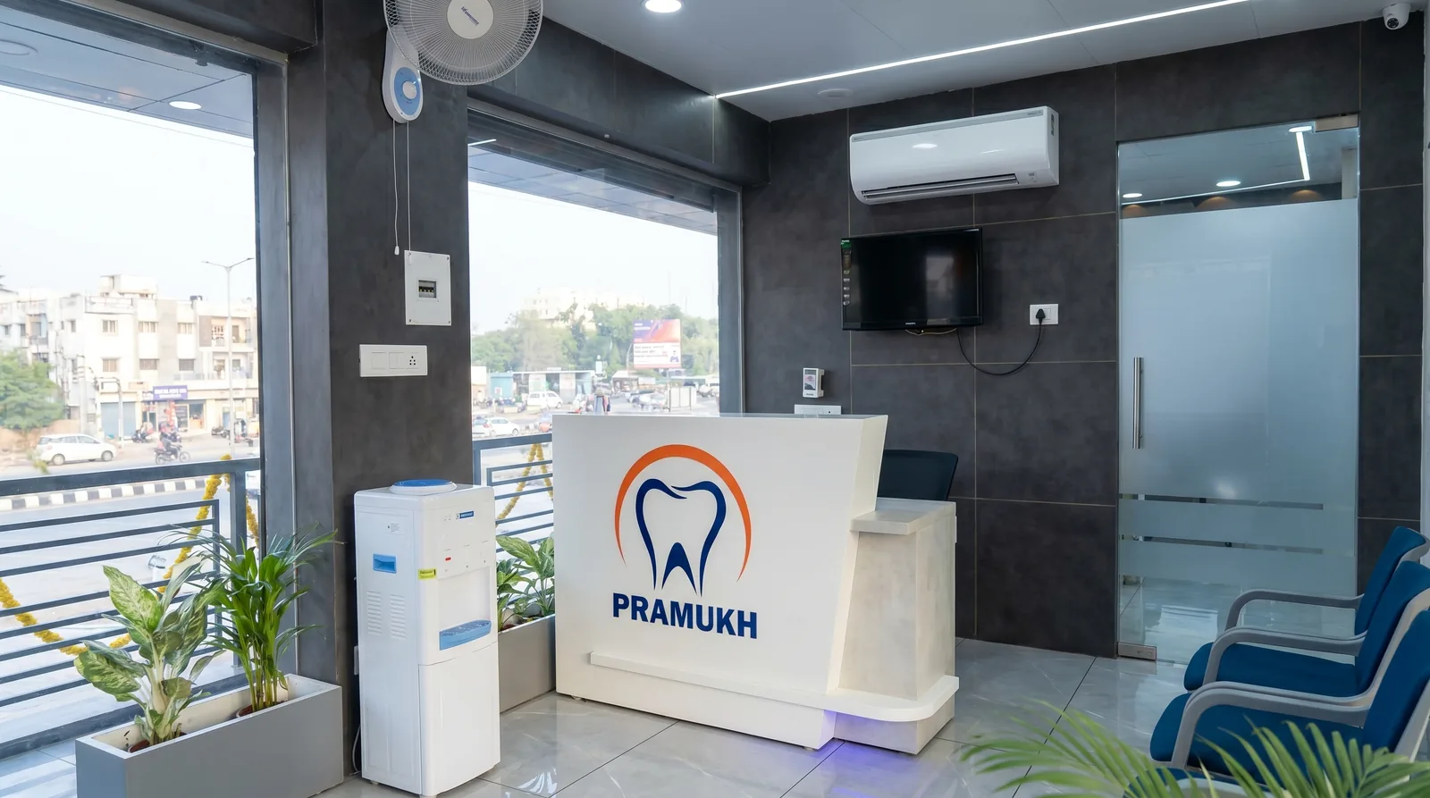 Relaxing reception and waiting lounge at Pramukh Dental Clinic, Mehsana
