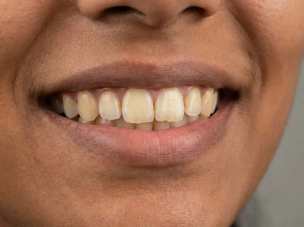 Stained, discoloured front teeth before cosmetic dentistry