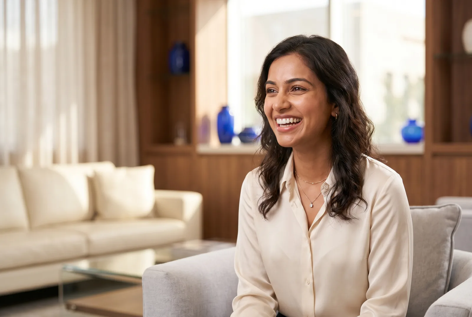 Confident patient smiling after esthetic veneers and smile design