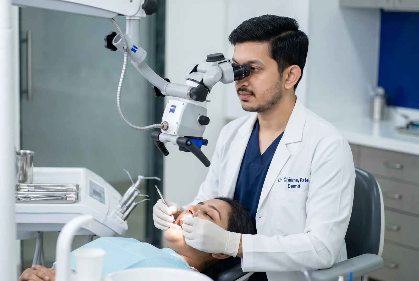 Dr. Chinmay performing a painless single-sitting microscopic root canal