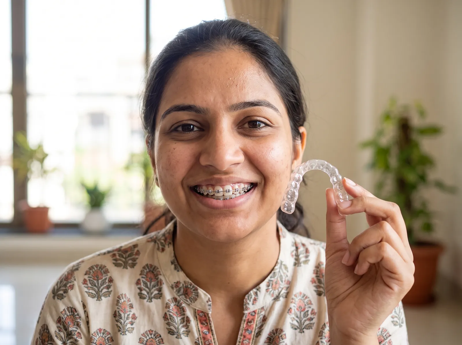 Smiling patient with metal braces holding a clear aligner tray