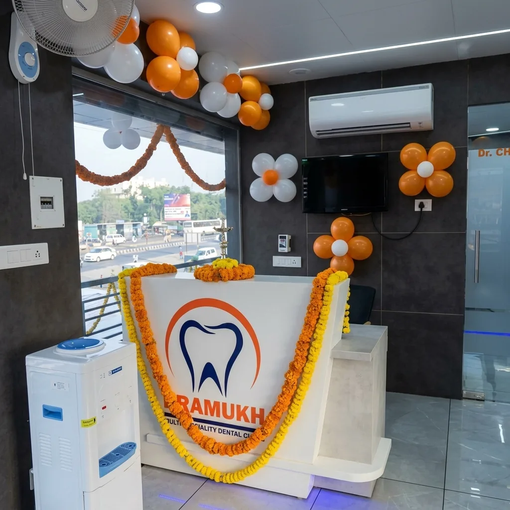 Reception desk at Pramukh Multispeciality Dental Clinic, Mehsana
