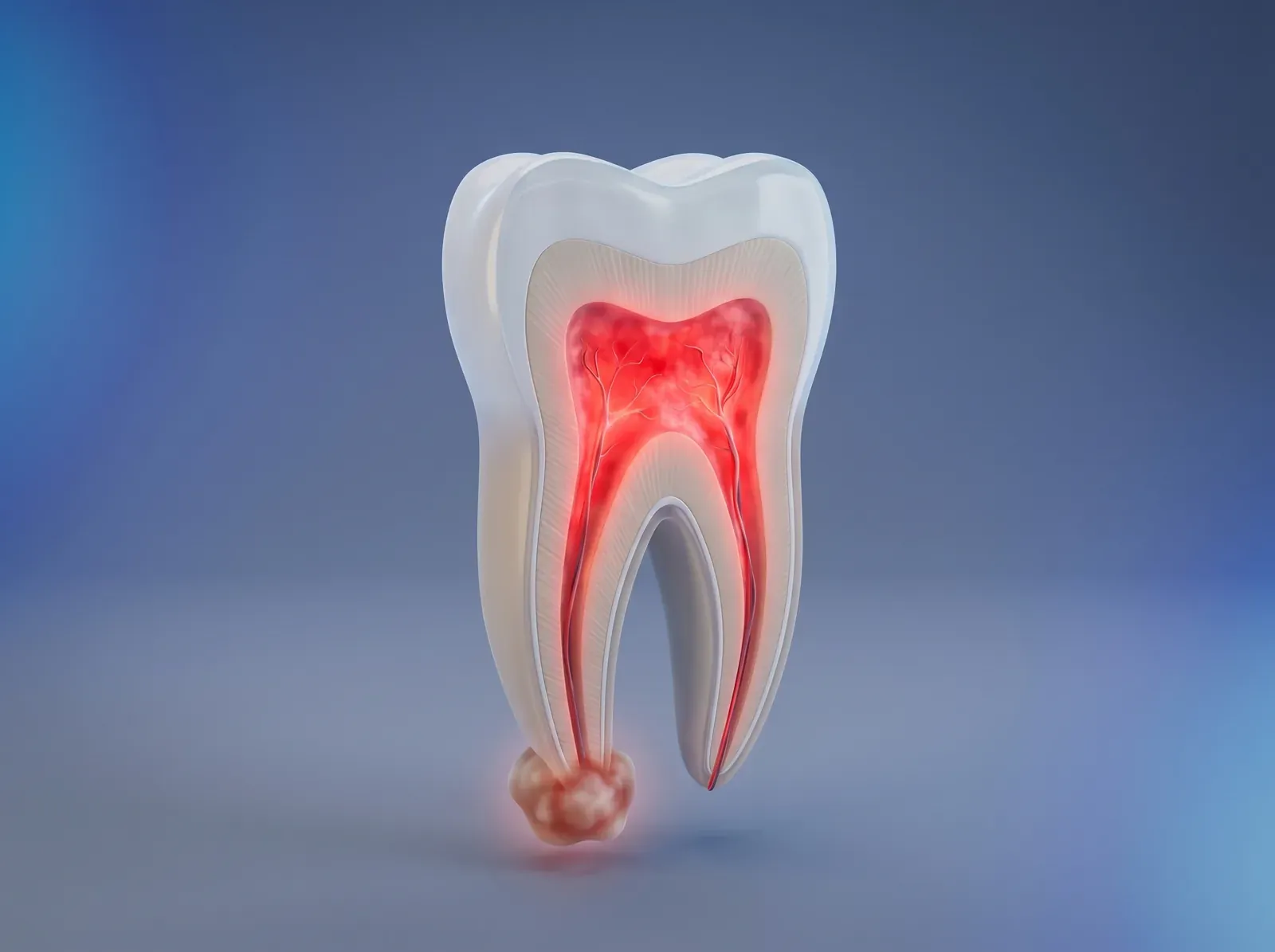 Cross-section diagram of a tooth with an inflamed nerve and an abscess forming at the root tip